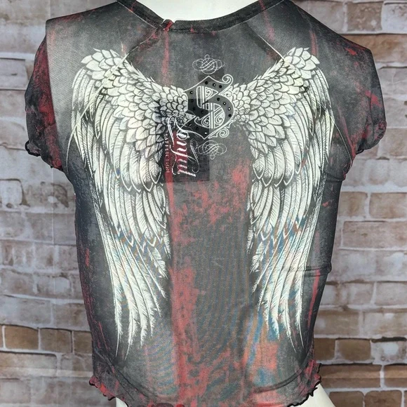 Sinful By Affliction Angel Wings Sheer Short Sleeve Crop Top - NWT - Picture 8 of 12